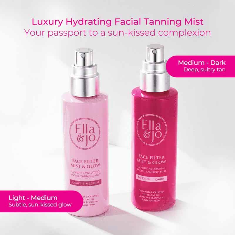 Ella & Jo | Face Filter Mist & Glow | Tanning Mist | sun-kissed tan | Hyaluronic Acid | Niacinamide | face tan | golden face tan | Light to Medium | Medium to Dark | natural-looking tan