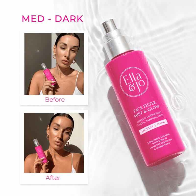 Ella & Jo | Face Filter Mist & Glow | Tanning Mist | sun-kissed tan | Hyaluronic Acid | Niacinamide | face tan | golden face tan | Light to Medium | Medium to Dark | natural-looking tan