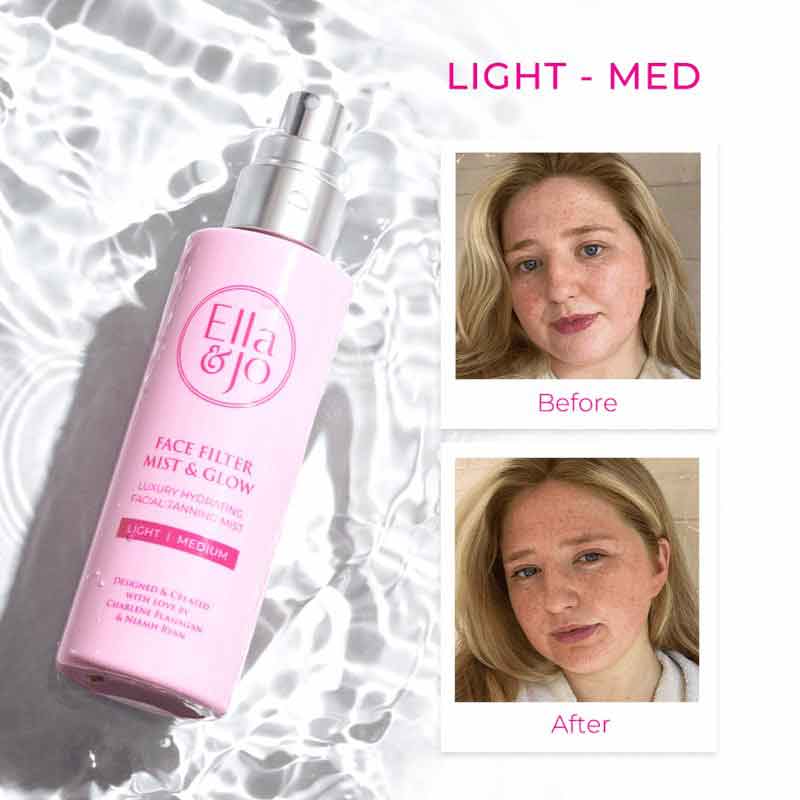 Ella & Jo | Face Filter Mist & Glow | Tanning Mist | sun-kissed tan | Hyaluronic Acid | Niacinamide | face tan | golden face tan | Light to Medium | Medium to Dark | natural-looking tan