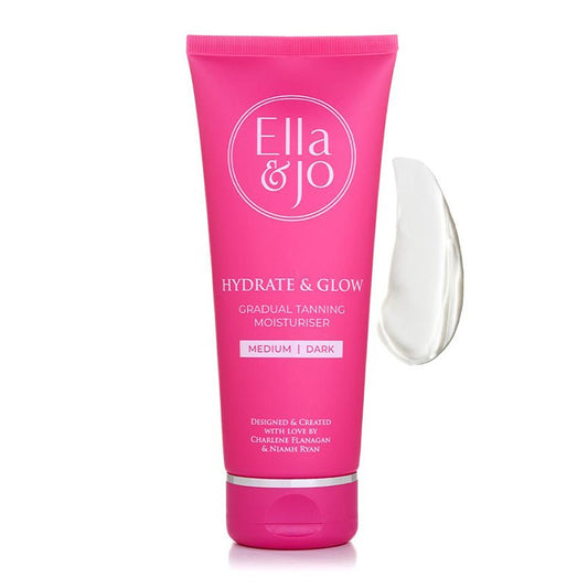 Ella & Jo | Hydrate & Glow Gradual Moisturiser | hydration | bronzing brilliance | transform skin appearance | Glycerin | Hyaluronic Acid | Squalane | gradual tanning moisturiser | radiant bronzed look | moisturised skin | rejuvenated skin | body skincare routine