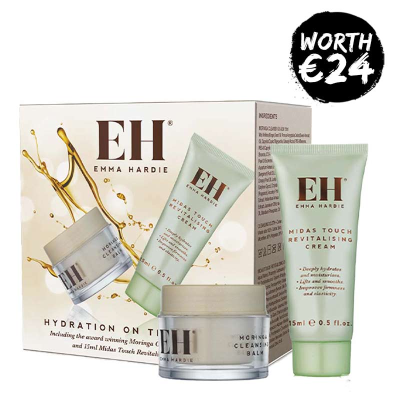 Emma Hardie Hydration On The Go Kit | emma hardie moringa cleansing balm | emma hardie midas touch revitalising cream 