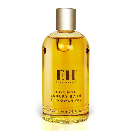 Emma Hardie Moringa Luxury Bath & Shower Oil | luxurious | enriched | Moringa Seed Oil | nourishing | revitalizing | soft | supple | radiant | versatile | indulgent | bath | shower | cleansing | pampers | rejuvenates