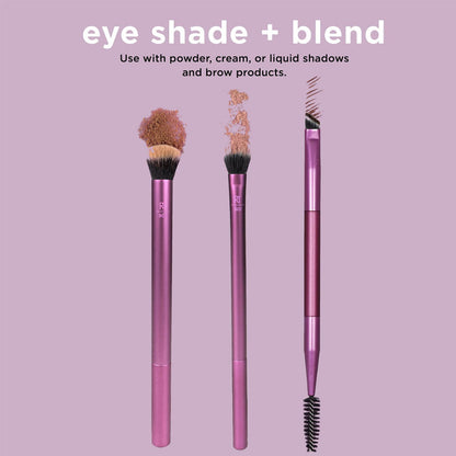  Real Techniques | Eye Shade and Blend | three-piece brush set | higt quality brushes | bristles | create | professional standard | eye looks | shadow brushes | brow brush | definition | colour | dramatic | look