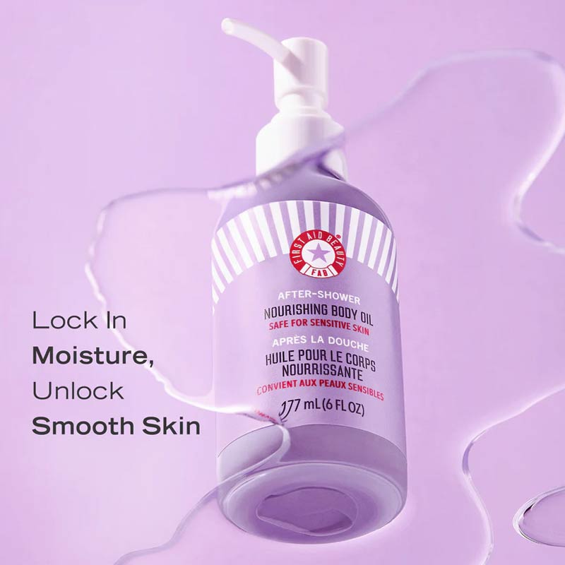 First Aid Beauty After Shower Nourishing Body Oil Benefits Infographic