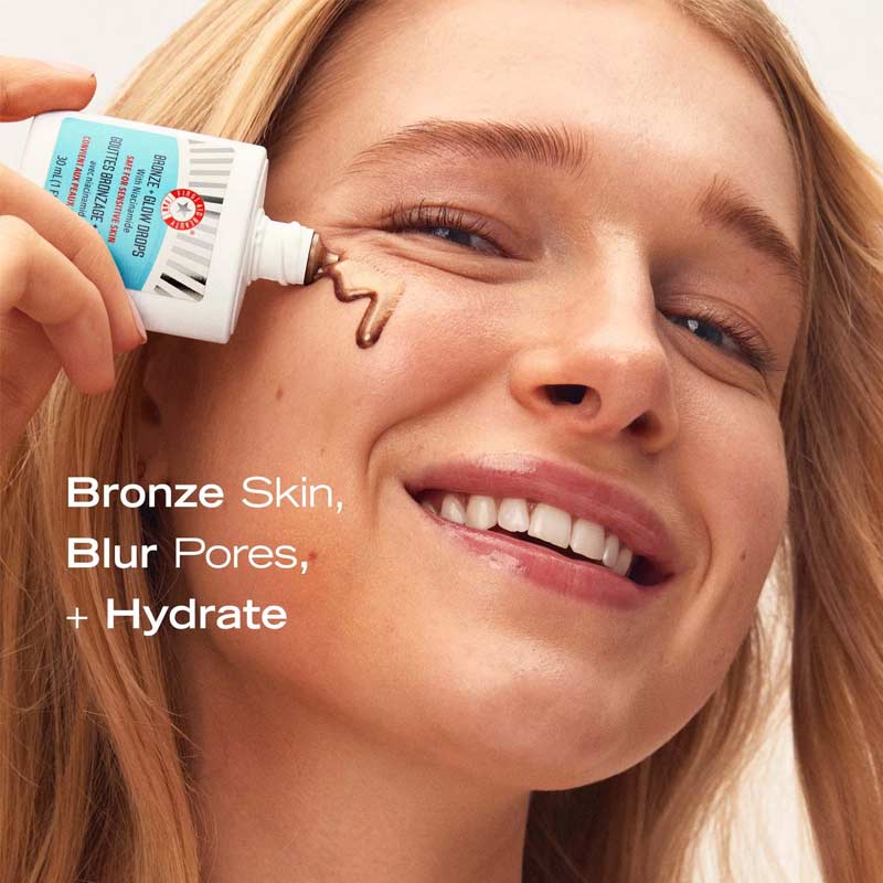 First Aid Beauty | Bronze + Glow Drops | Niacinamide | instant sun-kissed glow | evens skin tone | blurs pores | serum formula | hydrates for 24 hours | bronze kiss of colour | healthy-looking tan | bronzing drops