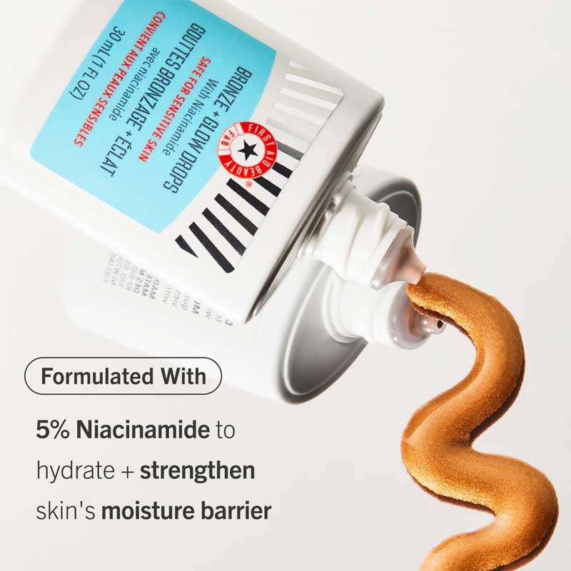 First Aid Beauty | Bronze + Glow Drops | Niacinamide | instant sun-kissed glow | evens skin tone | blurs pores | serum formula | hydrates for 24 hours | bronze kiss of colour | healthy-looking tan | bronzing drops