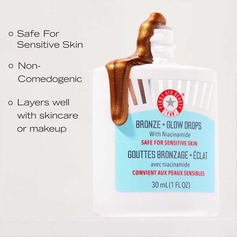 First Aid Beauty | Bronze + Glow Drops | Niacinamide | instant sun-kissed glow | evens skin tone | blurs pores | serum formula | hydrates for 24 hours | bronze kiss of colour | healthy-looking tan | bronzing drops