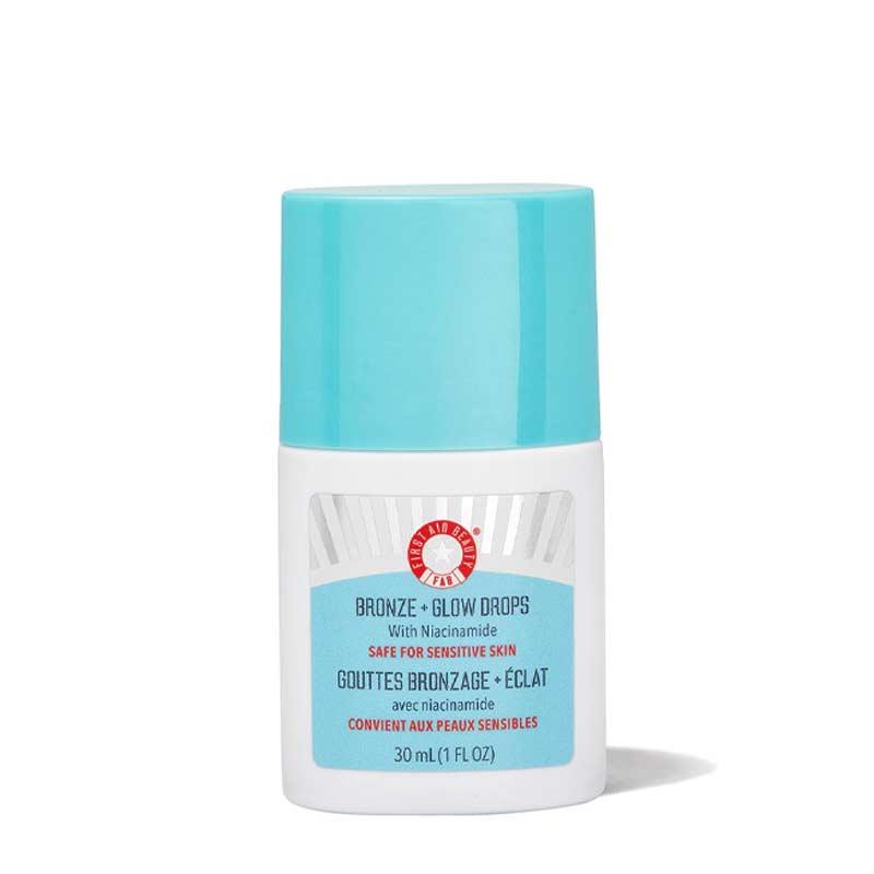 First Aid Beauty | Bronze + Glow Drops | Niacinamide | instant sun-kissed glow | evens skin tone | blurs pores | serum formula | hydrates for 24 hours | bronze kiss of colour | healthy-looking tan | bronzing drops