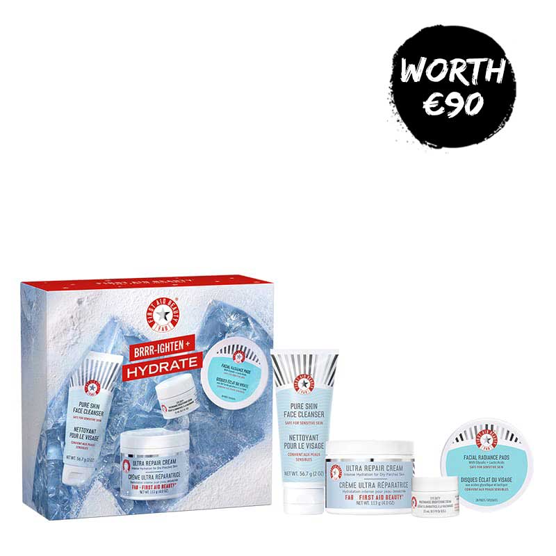  First Aid Beauty | BRRRIGHTEN + Hydrate | Gift Set | 4 piece Skin Essentials | Kit | sensitive skin | complete facial skincare routine | cleansing | brightening | hydration | fragrance-free | Cleanser | exfoliating | Facial Radiance Pads | Glycolic | Lactic | Acids | nourishing | Ultra Repair Cream | illuminating | Eye Duty | Niacinamide | Brightening Cream
