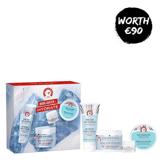  First Aid Beauty | BRRRIGHTEN + Hydrate | Gift Set | 4 piece Skin Essentials | Kit | sensitive skin | complete facial skincare routine | cleansing | brightening | hydration | fragrance-free | Cleanser | exfoliating | Facial Radiance Pads | Glycolic | Lactic | Acids | nourishing | Ultra Repair Cream | illuminating | Eye Duty | Niacinamide | Brightening Cream