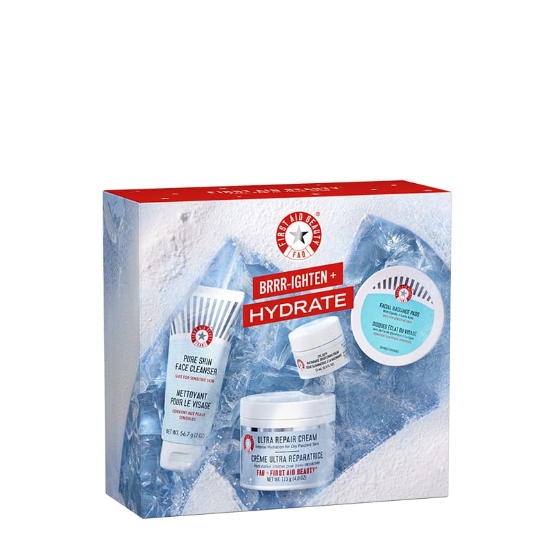  First Aid Beauty | BRRRIGHTEN + Hydrate | Gift Set | 4 piece Skin Essentials | Kit | sensitive skin | complete facial skincare routine | cleansing | brightening | hydration | fragrance-free | Cleanser | exfoliating | Facial Radiance Pads | Glycolic | Lactic | Acids | nourishing | Ultra Repair Cream | illuminating | Eye Duty | Niacinamide | Brightening Cream
