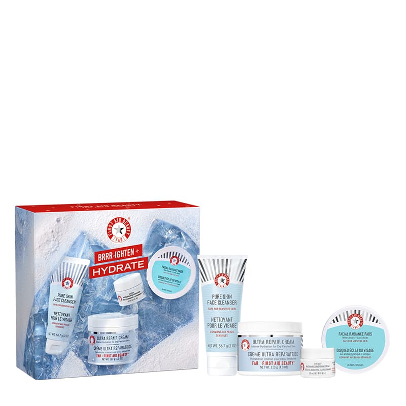  First Aid Beauty | BRRRIGHTEN + Hydrate | Gift Set | 4 piece Skin Essentials | Kit | sensitive skin | complete facial skincare routine | cleansing | brightening | hydration | fragrance-free | Cleanser | exfoliating | Facial Radiance Pads | Glycolic | Lactic | Acids | nourishing | Ultra Repair Cream | illuminating | Eye Duty | Niacinamide | Brightening Cream