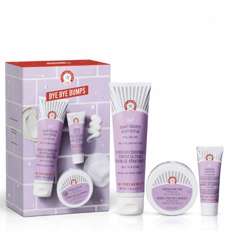 First Aid Beauty Bye Bye Bumps Kit | body scrub, ingrown hair pads, and kp body lotion, keratosis pillaris, chicken skin