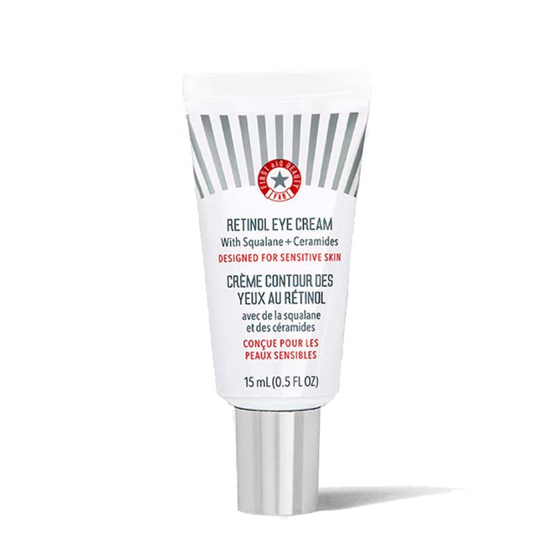 First Aid Beauty | Retinol Eye Cream | Squalane | Ceramides | multi-action eye cream | hydrates skin | visibly smooths | firms delicate skin | Encapsulated Retinol Technology | slow-release retinol | gentle retinol supply | reduces fine lines | reduces wrinkles | minimal redness | minimal irritation | calms skin | soothes skin | strengthens moisture barrier | sensitive skin | under-eye care