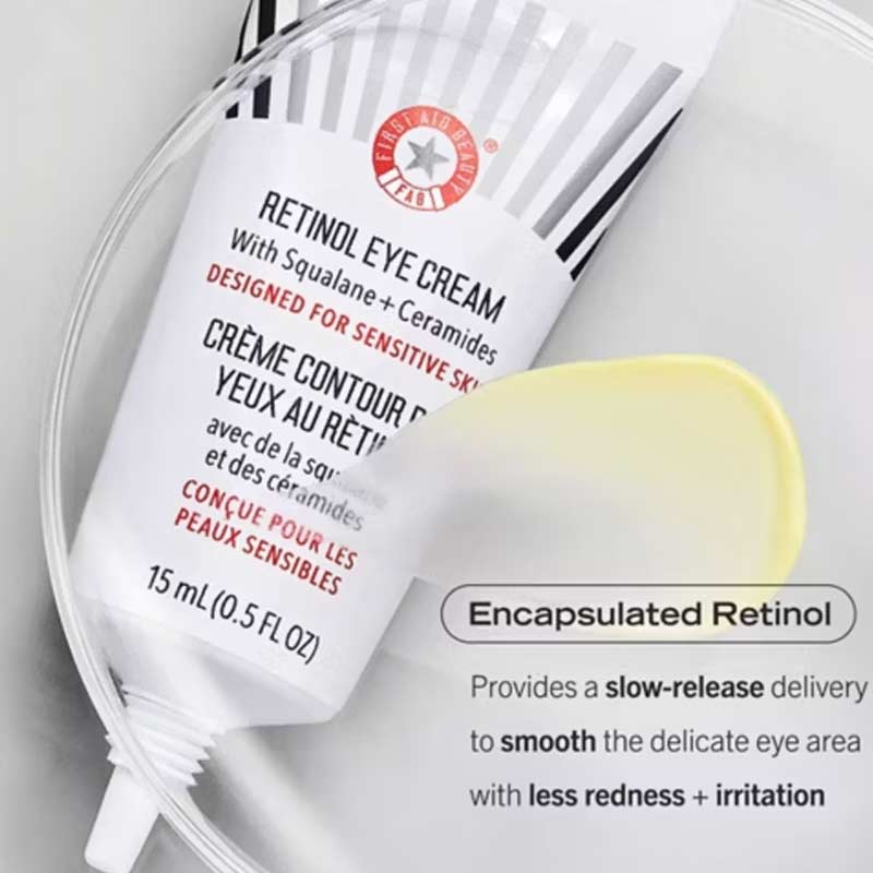 First Aid Beauty | Retinol Eye Cream | Squalane | Ceramides | multi-action eye cream | hydrates skin | visibly smooths | firms delicate skin | Encapsulated Retinol Technology | slow-release retinol | gentle retinol supply | reduces fine lines | reduces wrinkles | minimal redness | minimal irritation | calms skin | soothes skin | strengthens moisture barrier | sensitive skin | under-eye care
