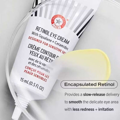 First Aid Beauty | Retinol Eye Cream | Squalane | Ceramides | multi-action eye cream | hydrates skin | visibly smooths | firms delicate skin | Encapsulated Retinol Technology | slow-release retinol | gentle retinol supply | reduces fine lines | reduces wrinkles | minimal redness | minimal irritation | calms skin | soothes skin | strengthens moisture barrier | sensitive skin | under-eye care