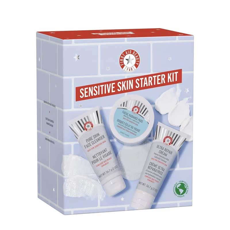 First Aid Beauty Sensitive Skin Starter Kit | travel-friendly sizes | three best-sellers | sensitive skin essentials | gentle cleanser | Ultra Repair Cream | hydration | Facial Radiance Pads | gentle exfoliation
