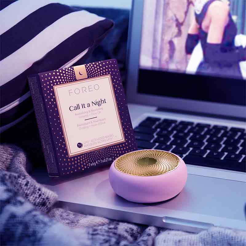  Foreo UFO | Call it a night | masks | nourishing | smart face masks | luscious | olive oil | reviving | ginseng | 90 seconds | relaxing | facial treatment | smooth | soft | skin