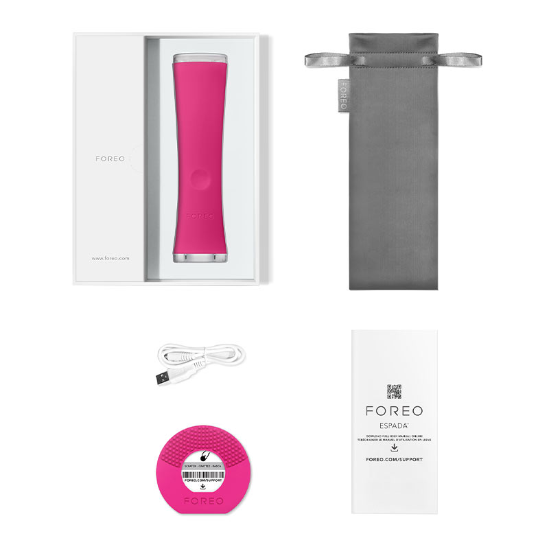 Foreo Espada | treatment | device | visibly clearer skin | clinically proven | target | treat | breakouts | reduce redness | pore size | clear | smooth | radiant skin | healing | acne-prone skin | home | dual-power | blue LED light | T-Sonic™ pulsations | inflammation | non-invasive | soft | smooth | extra-gentle | sensitive skin 