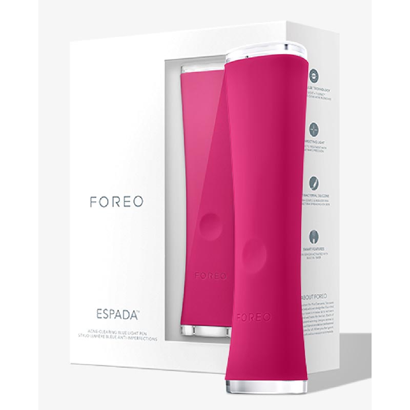 Foreo Espada | treatment | device | visibly clearer skin | clinically proven | target | treat | breakouts | reduce redness | pore size | clear | smooth | radiant skin | healing | acne-prone skin | home | dual-power | blue LED light | T-Sonic™ pulsations | inflammation | non-invasive | soft | smooth | extra-gentle | sensitive skin 