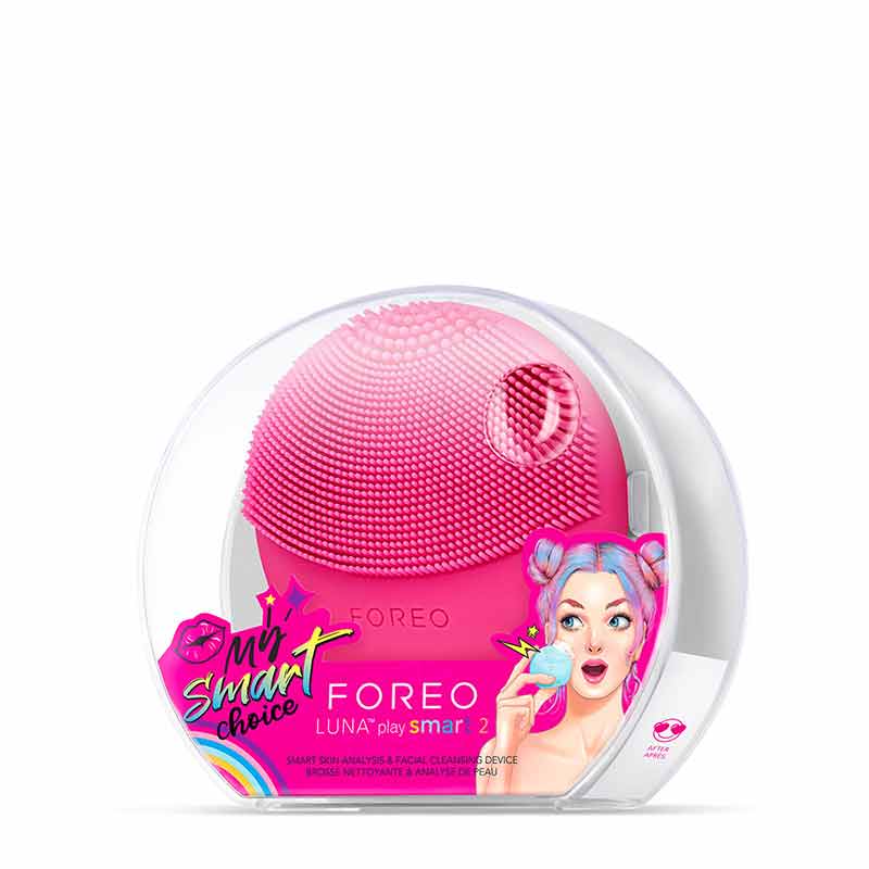 Foreo Luna Play Smart 2 | palm-sized | facial cleansing device | ultra-soft | bacteria-resistant | silicone | touchpoints | gently exfoliate | dead skin cells | 24k gold | ultra-smart sensors | analyze | moisture levels | personalized | lightweight | travel-friendly | 1000 uses