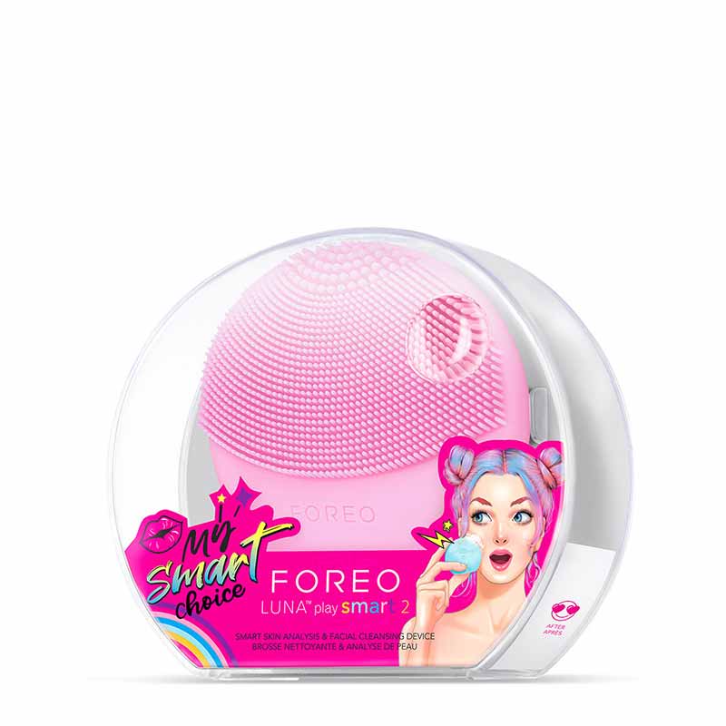 Foreo Luna Play Smart 2 | palm-sized | facial cleansing device | ultra-soft | bacteria-resistant | silicone | touchpoints | gently exfoliate | dead skin cells | 24k gold | ultra-smart sensors | analyze | moisture levels | personalized | lightweight | travel-friendly | 1000 uses