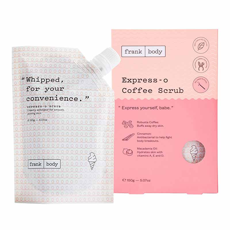 Frank Body Express-o Scrub | whipped | scrub | body | skin | vegan | buffs | dry skin | smooth | glowing | coffee | box 