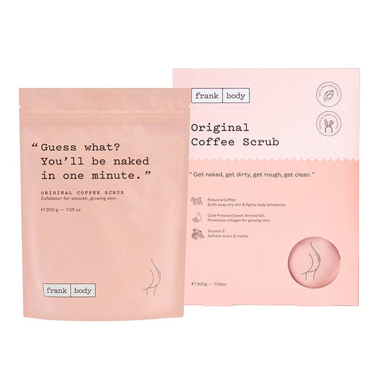 Frank Body Original Coffee Scrub | box | best seller | coffee | vitamin E | skin | smooth | orange Frappuccino | vegan