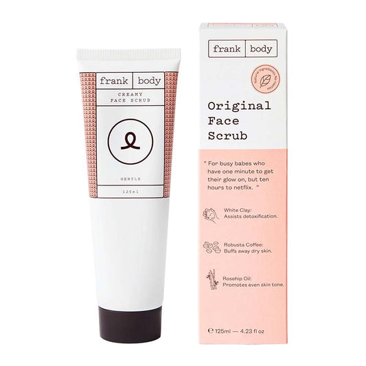 Frank Body Original Face Scrub | gentle | caffeinated | face scrub | exfoliate | clear | acne away | non-stripping | hydrates | skin  | pores | Nourishing | rosehip oil | brightens dull skin 