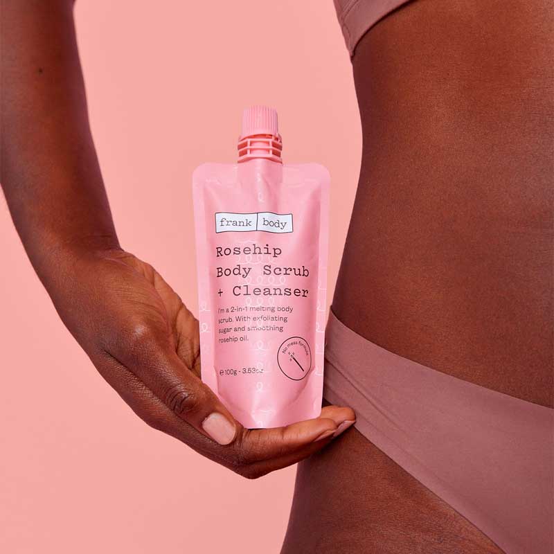 Frank Body Rosehip Body Scrub + Cleanser | skin | soft | smooth | deeply nourished | helps scars | marks | fade over time.
