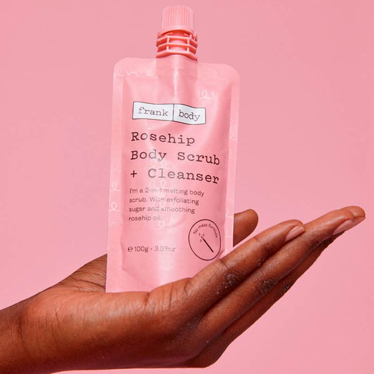 Frank Body Rosehip Body Scrub + Cleanser | rich | sugar | exfoliates | rosehip oil | smooths | mess free | tube | 2 in 1 