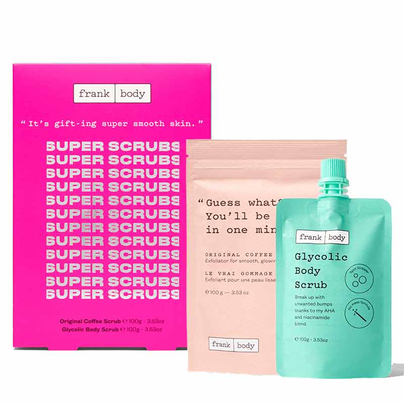 Frank Body | Super Scrubs | Gift Set | top-selling | body scrub | breakouts | scars | cellulite | mini | original | coffee | glycolic body | scrub | exfoliating | bright | smooth | gift | radiant