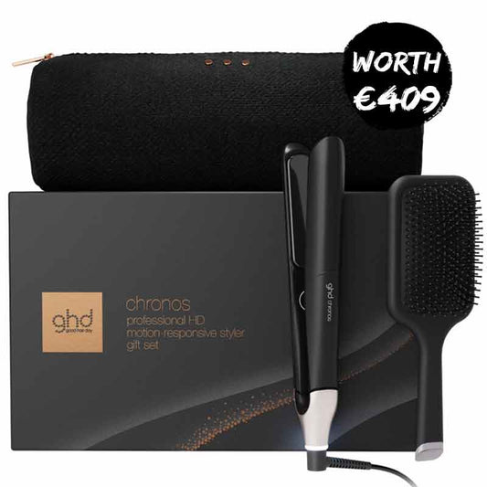 ghd Chronos Max Hair Straightener Black Gift Set with Paddle Brush & Bag Worth