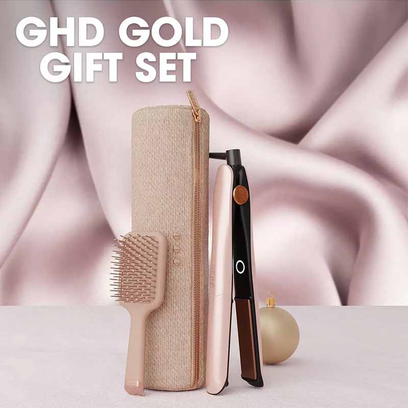 ghd Gold Hair Straightener Gift Set With Paddle Brush & Bag in Cashmere Beige Infographic