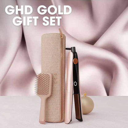 ghd Gold Hair Straightener Gift Set With Paddle Brush & Bag in Cashmere Beige Infographic
