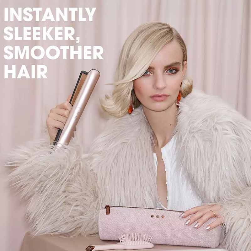 ghd Gold Hair Straightener Gift Set With Paddle Brush & Bag in Cashmere Beige Benefits