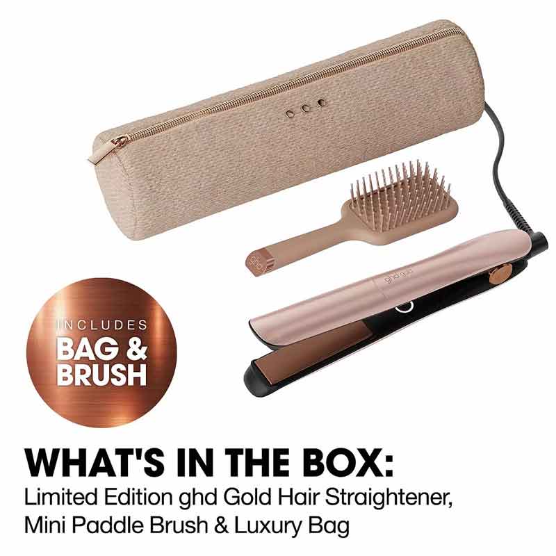 ghd Gold Hair Straightener Gift Set With Paddle Brush & Bag in Cashmere Beige contents