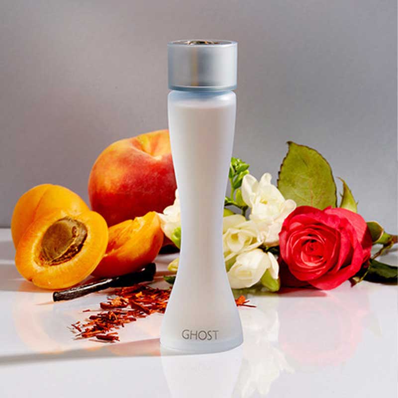 Ghost | Fragrance | timeless | feminine | soft floral | perfume | mellow hibiscus | rose petals | musk | romantic allure | jasmine | spicy | sandalwood | warm incense | gentleness | vanilla | musk | ambergris | apricot | satin | captivating | enduring | elegance