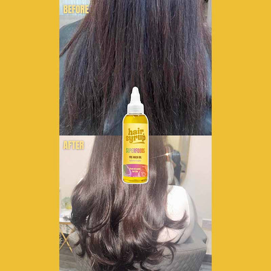 Hair Syrup Superfoods Pre Wash Hair Oil For Dry Hair 100ml Before And After Image With Product