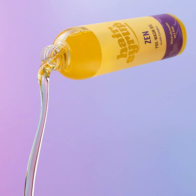 Hair Syrup Zen Pre Wash Hair Oil For Dull, For Frizzy Hair 100ml Image Spilling Out Purple Ombre Background