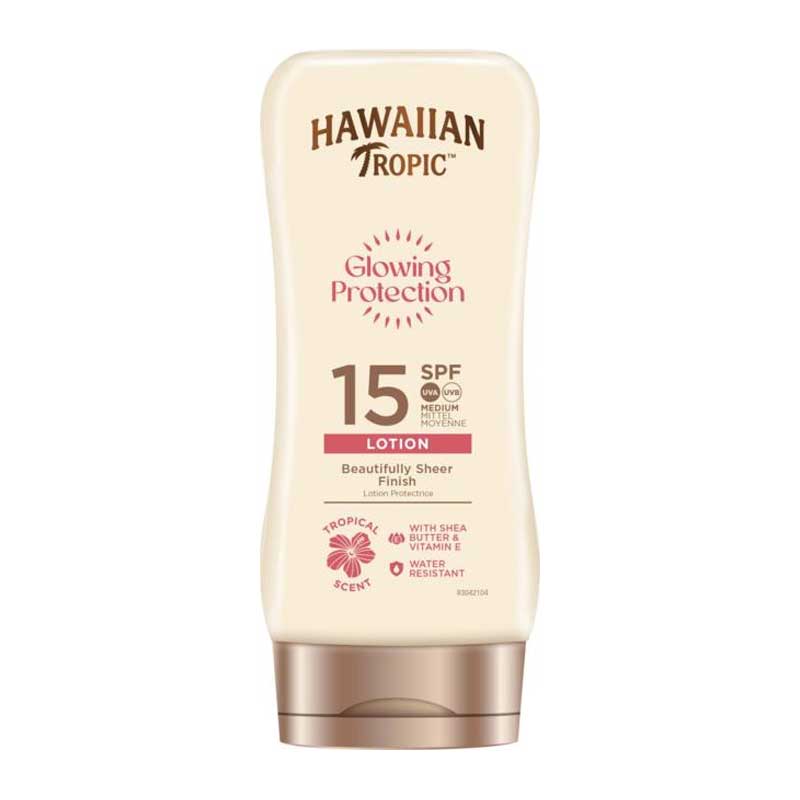 Hawaiian Tropic | Glowing Protection | Lotion | SPF 15 | UVA | UVB protection | soft | radiant | glow | protected | sun safe | oil free formula | moisturizes | non-greasy | skin loving ingredients | nourish | tropical scent