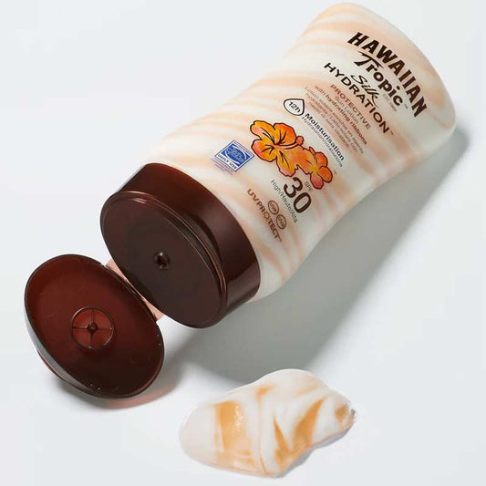  Hawaiian Tropic | Silk Hydration | Lotion | SPF 30 | ultra-light | UVA | UVB | protection | damaging sun rays | hydrating ribbons | moisturizes | soft | water resistant
