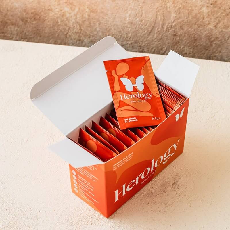 Herology | Balance | food supplement | nutrition | hormonal regulation | energy | wellbeing | quality ingredients | 30 daily sachets | orange flavour | Folic Acid | healthy nervous system | Magnesium | Vitamin B6 | calm | anxiety | maximum absorption | health | metabolism | adaptogenic herbs