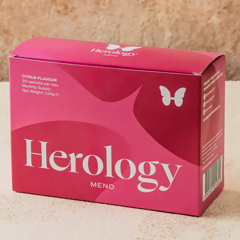 Herology | Meno | food supplement | nutrition | energy | wellbeing | quality ingredients | 30 daily sachets | citrus flavour | Magnesium | Vitamin B6 | Vitamin B12 | maximum absorption | health | peri-menopause | menopause | hormonal activity | metabolism | mental performance | bone health | Vitamin D | Vitamin K2 | nervous system | calm | relaxation