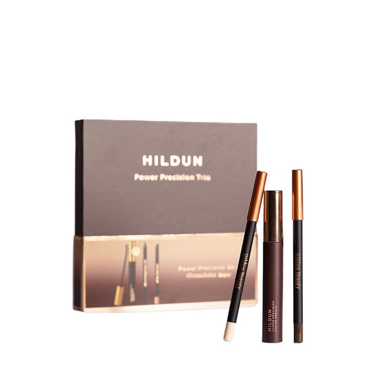 HILDUN Power Precision Trio makeup set with its packaging box and three individual cosmetic pencils shown on a plain white background.