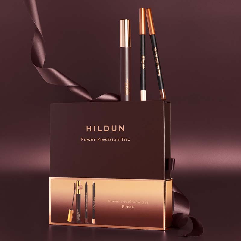 Hildun Beauty Power Precision Set Pecan Makeup Gift Set zoomed out version of the products standing on packaging