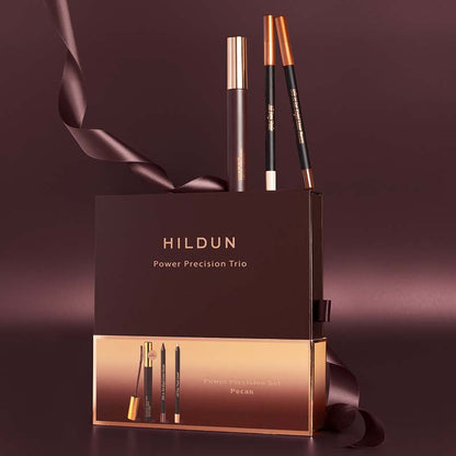 Hildun Beauty Power Precision Set Pecan Makeup Gift Set zoomed out version of the products standing on packaging