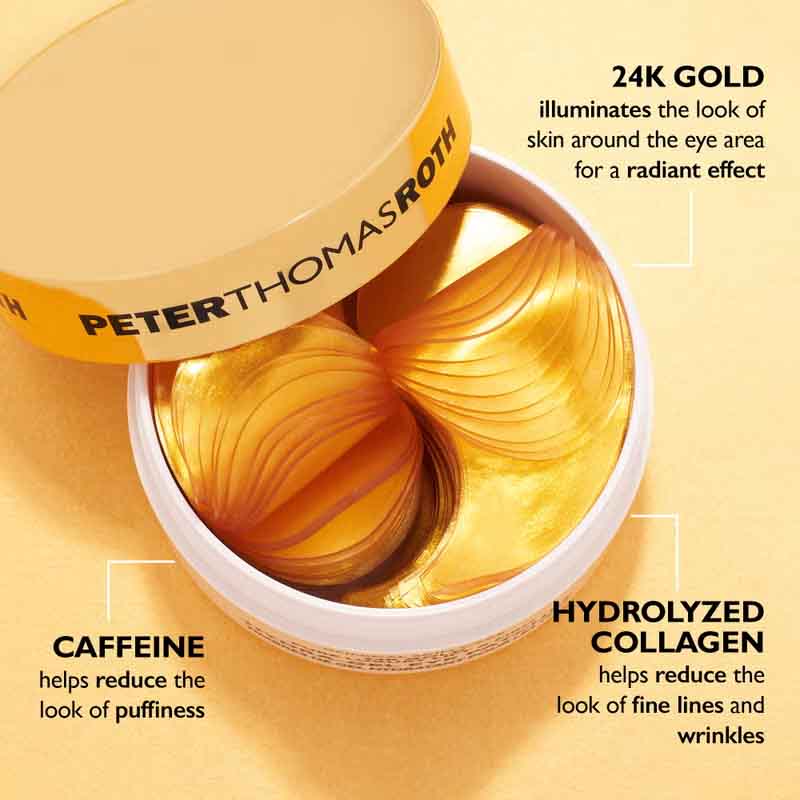 Peter Thomas Roth eye mask patches in a white round container with a gold lid, shown on a warm beige background with text callouts about 24K gold, caffeine, and hydrolyzed collagen.