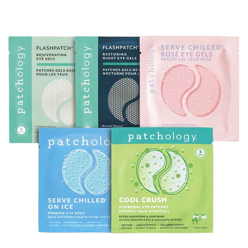 Six patchology eye gel patches in individual foil packaging, arranged in two rows on a plain white background. The top row includes Flashpatch Rejuvenating Eye Gels (teal), Flashpatch Restoring Night Eye Gels (dark blue-gray), and Serve Chilled Rose Eye Gels (pink).