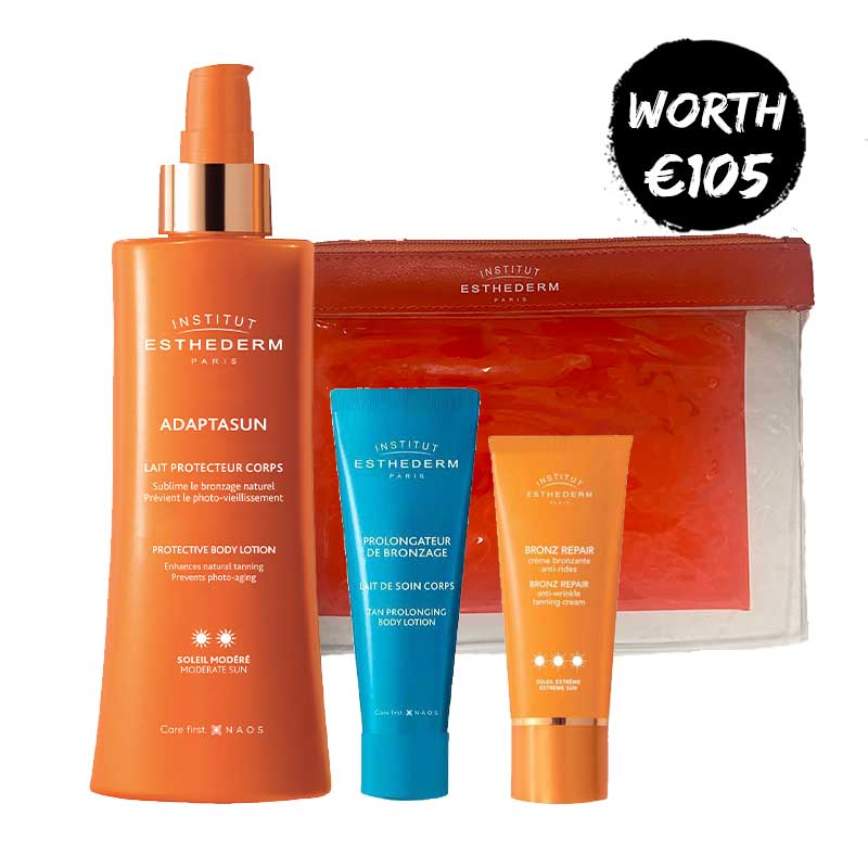 Institut Esthederm Travel Bundle | Adaptasun Protective Body Lotion | Moderate sun protection | Promotes natural tan | Tan Prolonging Body Lotion | Extends tan lifespan | Bronz Repair Face Care | Targets wrinkles, firms skin | Youthful look | Sun Swimsuit Pouch included